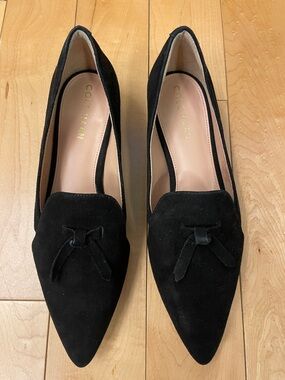 Cole Haan Black Suede Pointed-Toe Loafers with Bow Accent